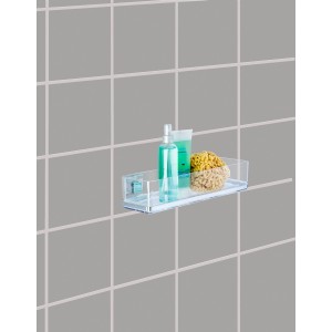Wenko Vacuum-Loc® Maxiablage Quadro Edelstahl mit Duschutensilien an grauer Wand.