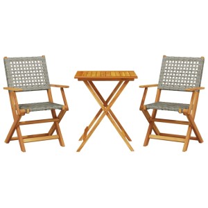 vidaXL Bistro-Set, 3-teilig, grau, Poly Rattan, Akazienholz. Gartenmöbel-Set mit Klapptisch und Stühlen.