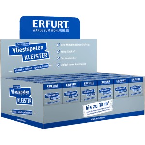 Display mit Erfurt Vliestapeten-Kleister, 200g Packungen für ca. 30 m² Reichweite.