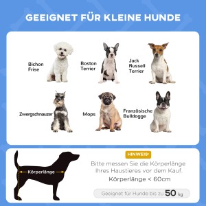 Geeignete Hunderassen für das PawHut Hundebett mit Baldachin: Bichon Frise, Boston Terrier, Jack Russel, Zwergschnauzer, Mops, Französische Bulldogge.