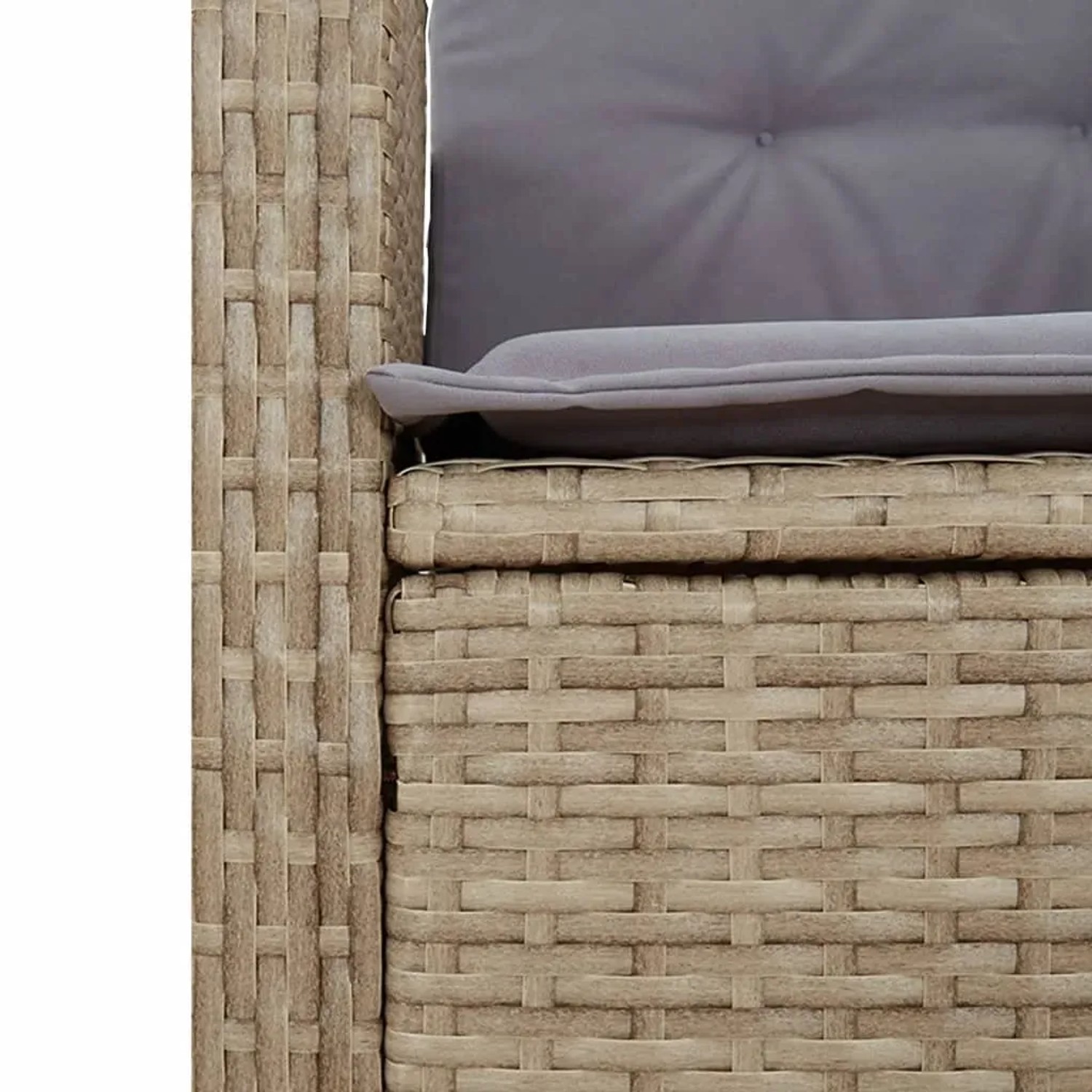 Detailansicht der beigemischten vidaXL Garten-Essgruppe aus Polyrattan mit grauen Kissen.