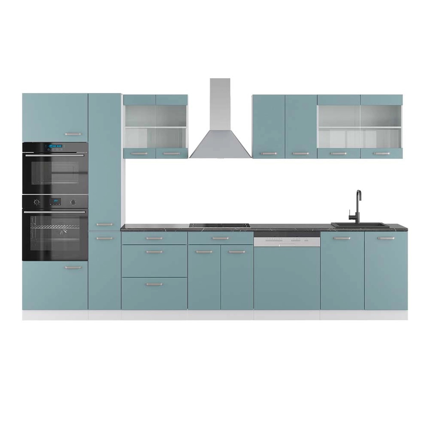 Vicco R-Line Küchenzeile Blau-Grau/Weiß 350 cm mit HochschrankAP Anthrazit günstig online kaufen
