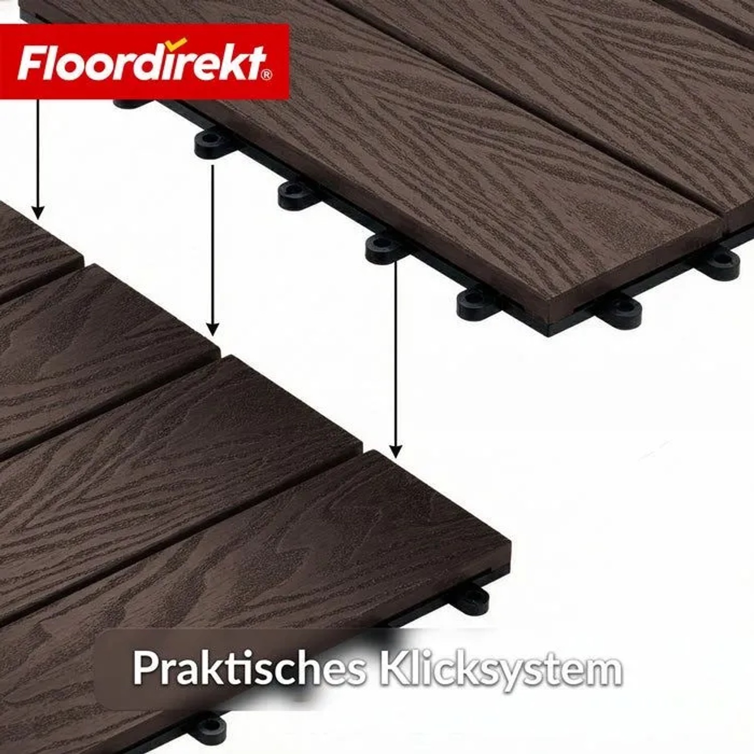 Braune Floordirekt WPC Klickfliese mit 3D-Holzoptik, zeigt das einfache Klicksystem zur Verlegung der Terrassenfliese.