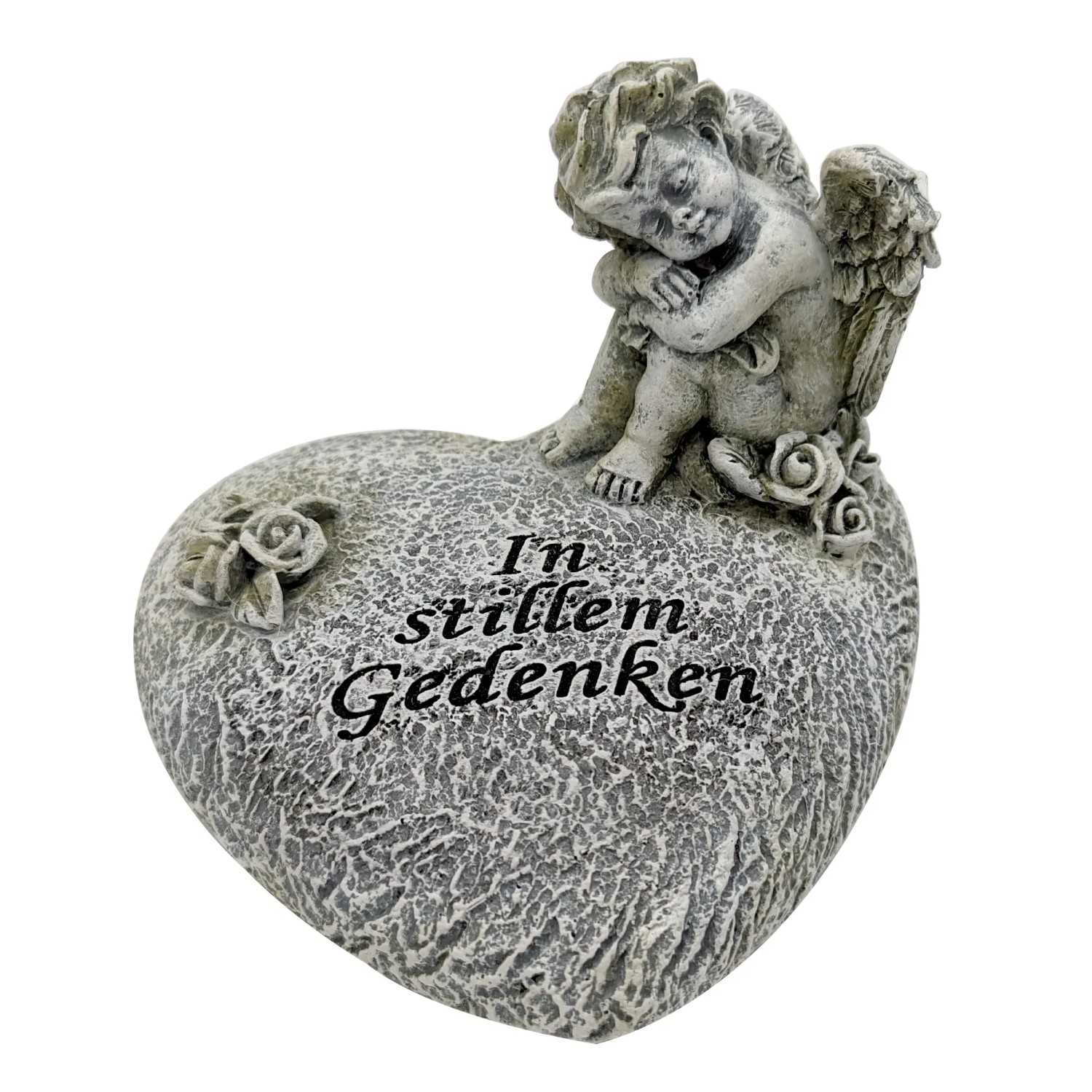 Flower Power Grabdeko: Engel auf Herz mit Schriftzug "In stillem Gedenken", 2-fach sortiert.
