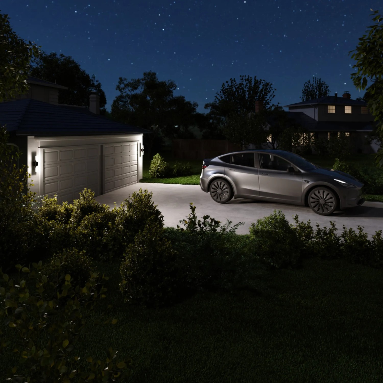 Eufy Wandleuchte mit Kamera S100 beleuchtet Hofeinfahrt mit Auto bei Nacht.