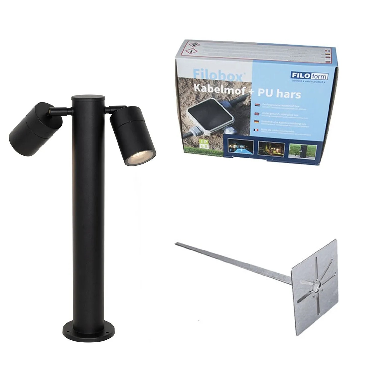 QAZQA Außenleuchte Schwarz mit Erdspieß und Kabelverschraubung 45cm 2 Flammig IP44 Duo