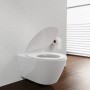Weißer Schütte WC-Sitz Premium Slim Form mit Absenkautomatik aus Thermoplast, teilgeöffnet.