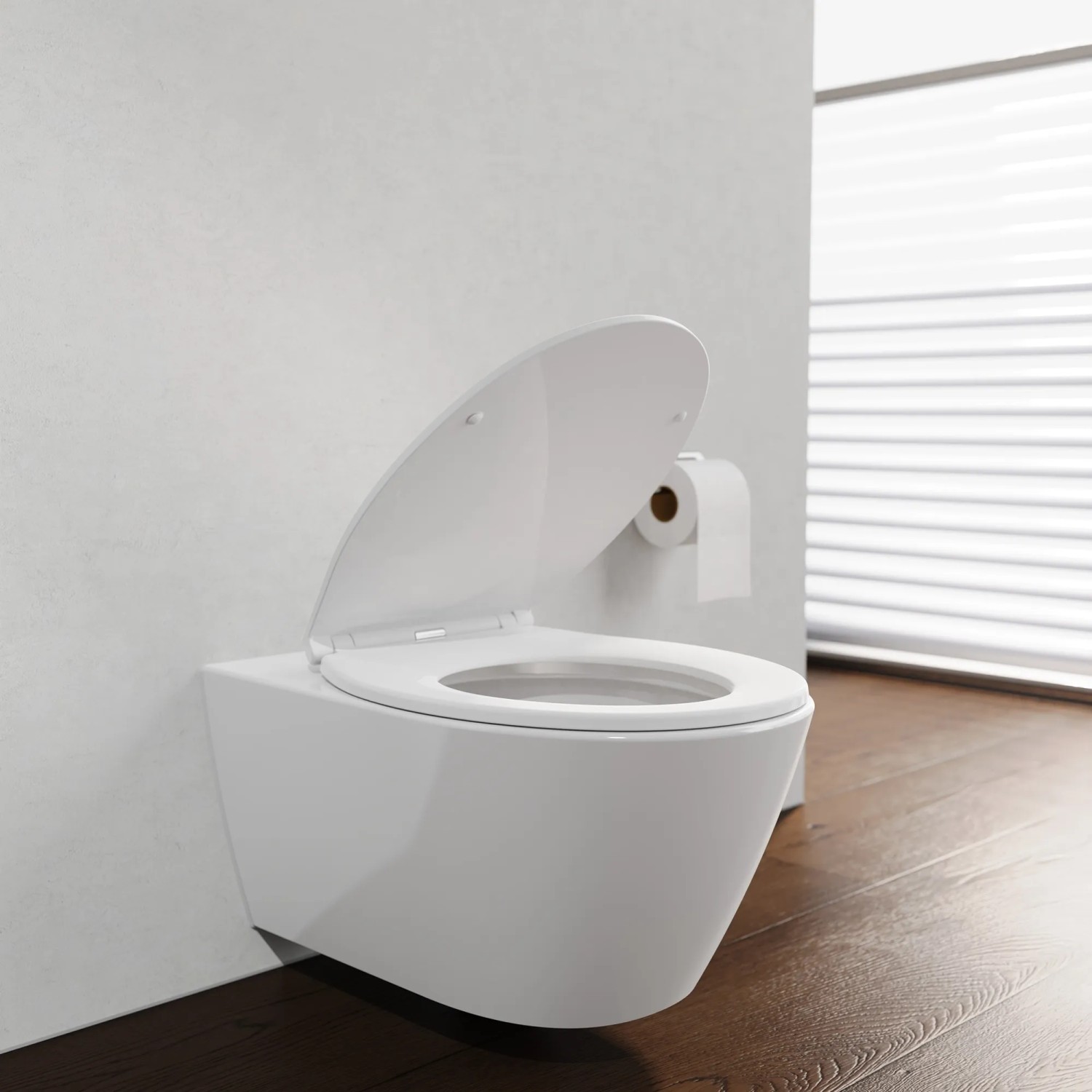 Weißer Schütte WC-Sitz Premium Slim Form mit Absenkautomatik aus Thermoplast, teilgeöffnet.