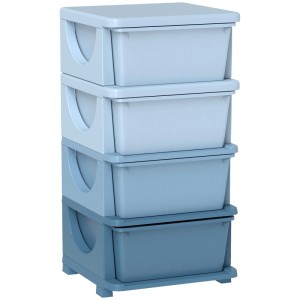 Blauer Kunststoff-Schubladenschrank mit 4 Fächern, abgerundete Kanten, für Kinderzimmer. Ideal für Spielzeug & Kleidung.