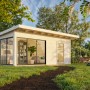 Graues Palmako Gartenhaus Andrea Slide mit Schiebetüren und großem Fenster im Garten.