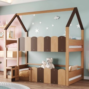 okwish Etagenbett 90x200cm mit Sicherheitsgeländer Hausdesign Kinderbett Natur ohne Matratze