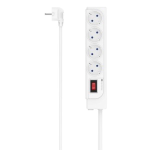 Weiße 4-fach Steckdosenleiste mit Überspannungsschutz und Schalter.