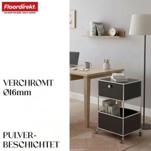 Schwarzes Floordirekt Metallregal Concept Epure MK-145 mit 3 Ebenen, Schublade und Rollen.