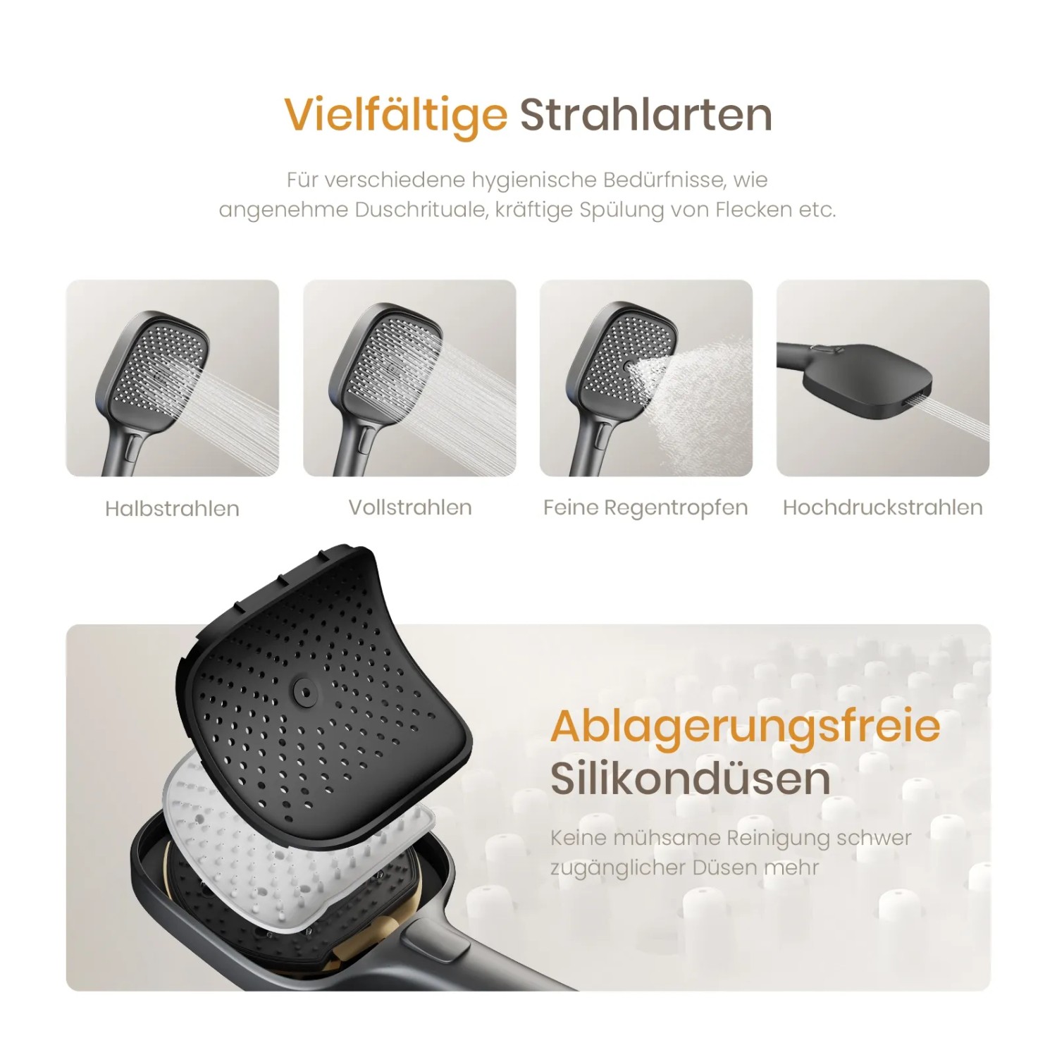 Emke Duschsystem Anthrazit: Verschiedene Strahlarten und ablagerungsfreie Silikondüsen.