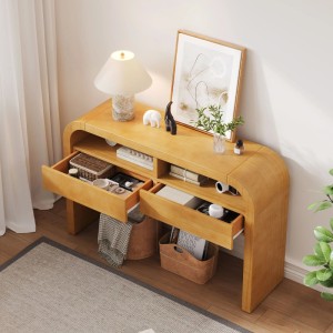 Moderner Konsolentisch in Natur mit geschwungenem Design. Zwei offene Schubladen und Ablageflächen für Flur & Wohnzimmer.