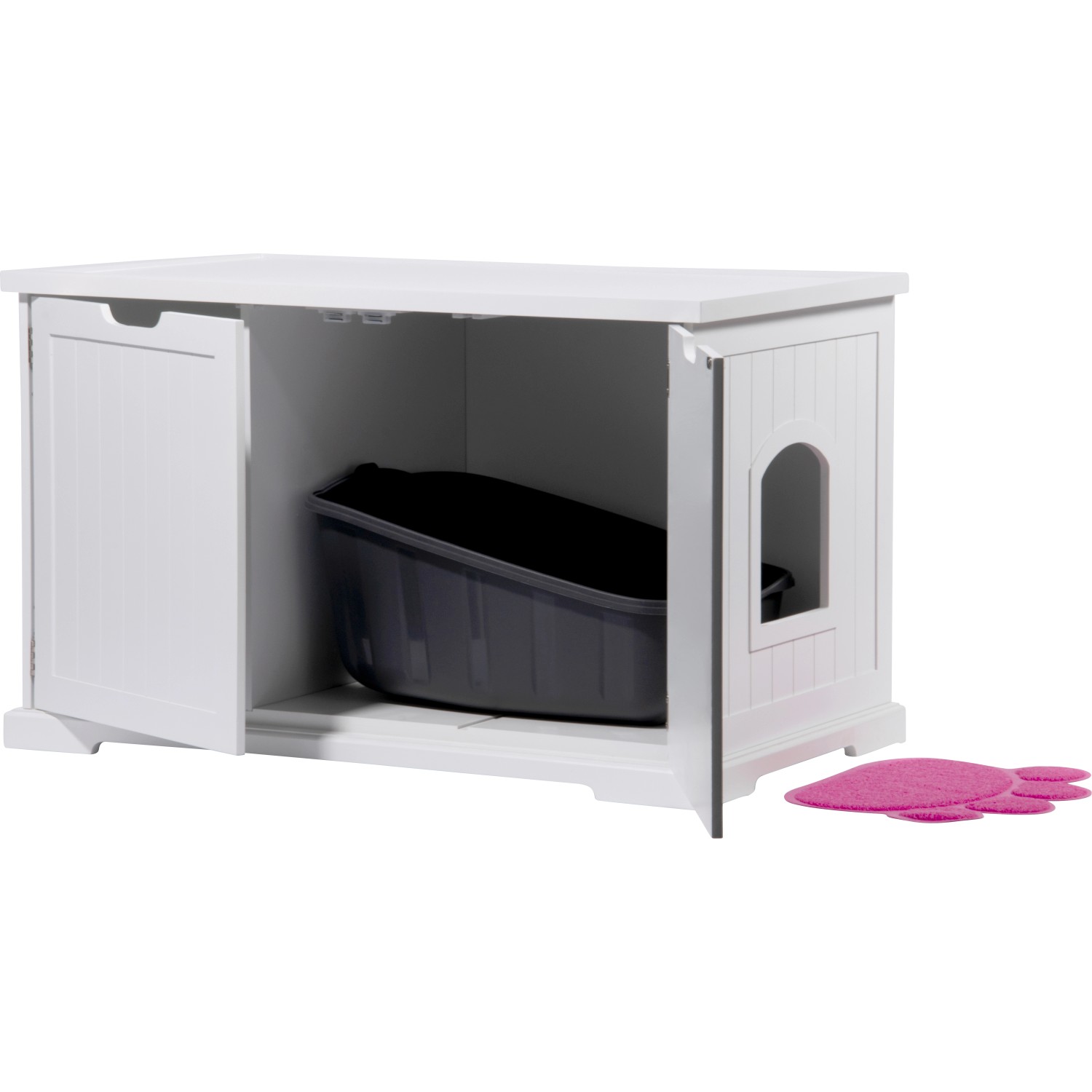 Weißer Design Katzenschrank XL mit Katzenklo und Katzenstreumatte in Pfotenform.