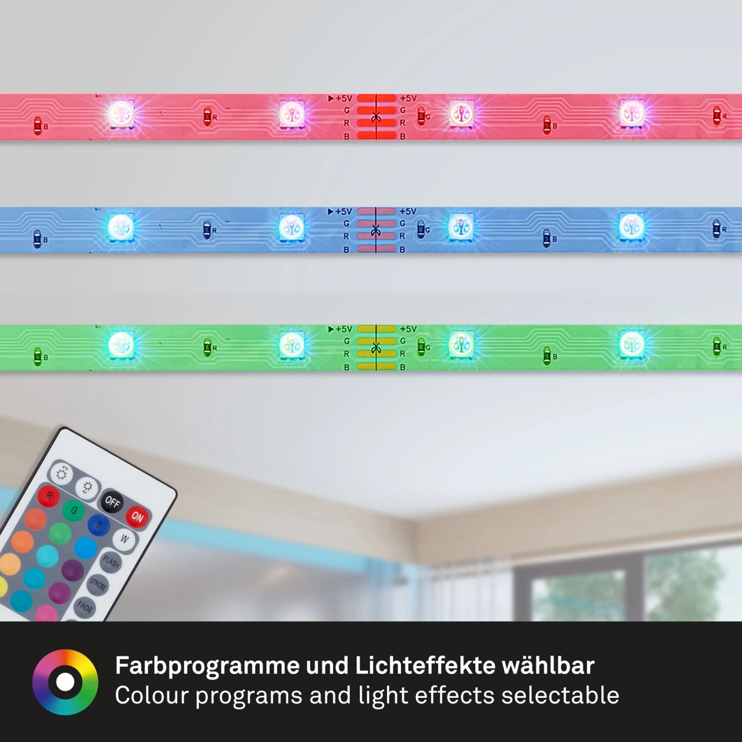 Brilo RGB LED-Streifen mit Fernbedienung, verschiedene Farben leuchtend.