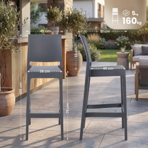 2er Set CLP Maya Barhocker, dunkelgrauer Kunststoff, 75 cm Sitzhöhe, 105 cm hoch. Ideal für Terrasse.