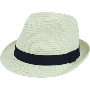 Weiß-blauer Strohhut für Jungs im Fedora-Stil. Maritimer Kinder-Sonnenhut aus Papierseil mit dunkelblauem Textilband.