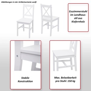 4er-Set weiße Esszimmerstühle im Landhausstil aus Kiefernholz, stabile Konstruktion.