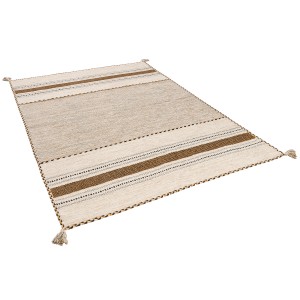 Handgewebter Pergamon Natur Teppich Kelim Navarro Curry, 170x240cm, mit Streifenmuster und Quasten.