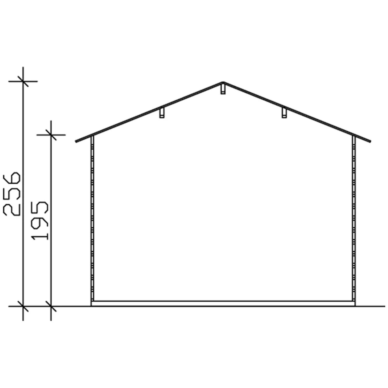 Skan Holz Gartenhaus Faro 3: Schemazeichnung mit Maßen (Höhe 256 cm, Wandhöhe 195 cm).