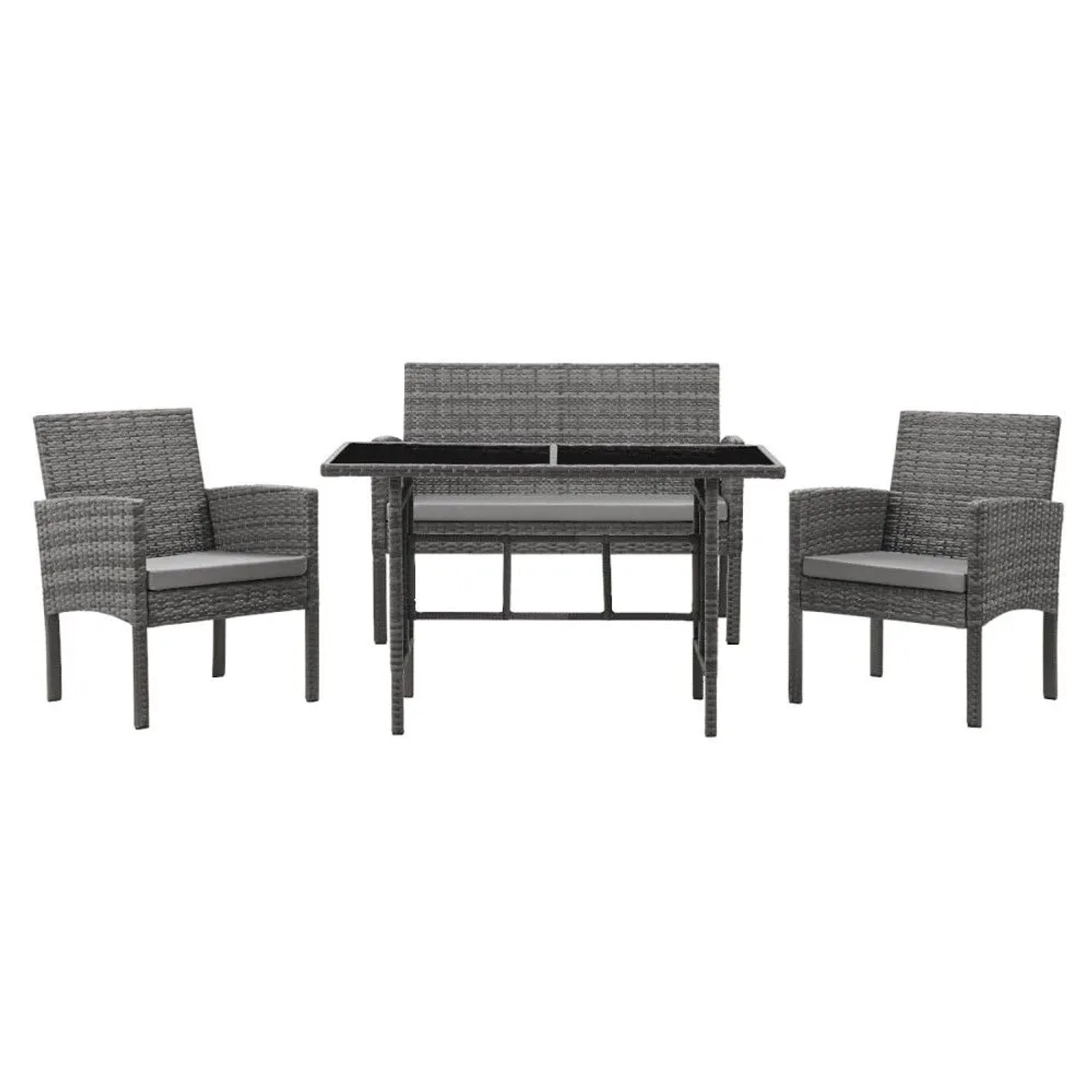 Graue Rattan Essgruppe Svita Brooklyn XL mit Tisch, 2 Sesseln und 2er-Sofa für Garten und Balkon. Inklusive grauer Kissen.