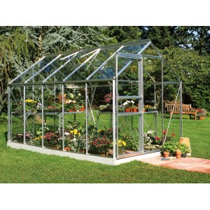 Halls Gewächshaus Popular 106 aus Alu, 6,2 m² mit Pflanzen im Garten.