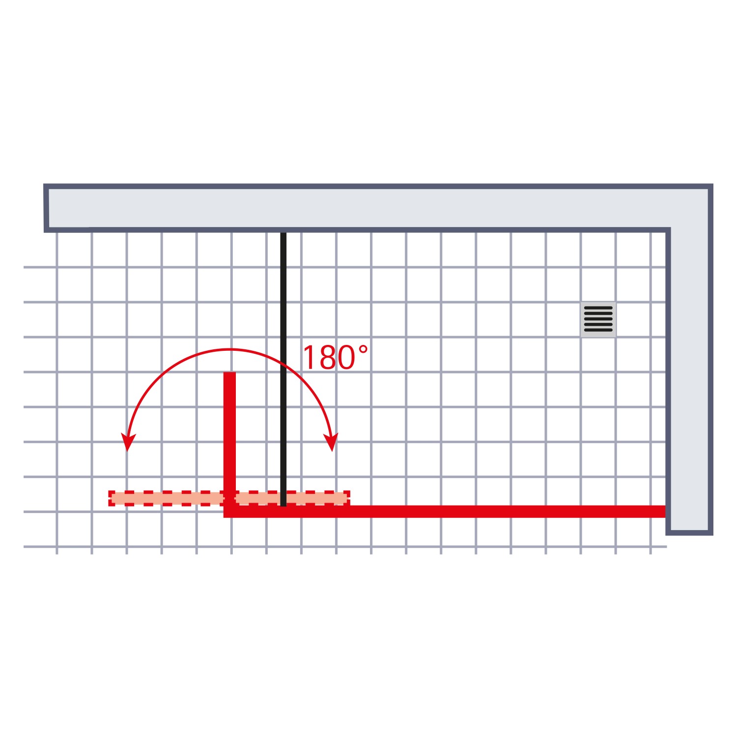 Skizze einer Schulte AlexaStyle Walk-In Duschwand mit beweglichem Element und 180° Schwenkbereich.