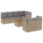 Beige 8-tlg. vidaXL Garten-Sofagarnitur aus Polyrattan mit grauen Kissen und Akazientisch.