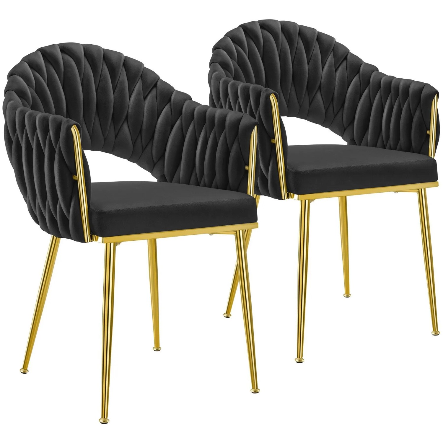 Tectake Esszimmerstuhl Caslano Gepolstert  Mit Samtbezug Durchgehende Lehne Im Flechtdesign 2Er Set 57 x 55 x 84 cm Schwarz Gold