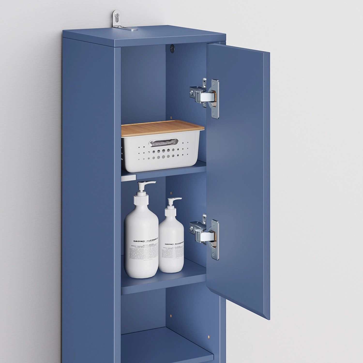 Blauer SoBuy Badezimmerschrank Hochschrank mit offenen Tür und 6 Einlegeböden.