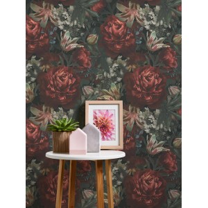 A.S. Création Vliestapete Blumen rot/grün mit Rosen und Tulpen auf dunklem Grund.