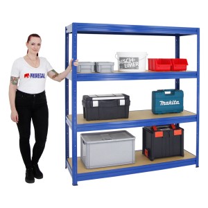 Blaues PROREGAL Schwerlastregal Dino 180x160x60 cm mit Werkzeugkisten und Lagerboxen.