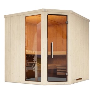 Weka Elementsauna Varberg 3 GTF Trend mit Eckeinstieg, Fenster und Glastür in Graphit-Optik.