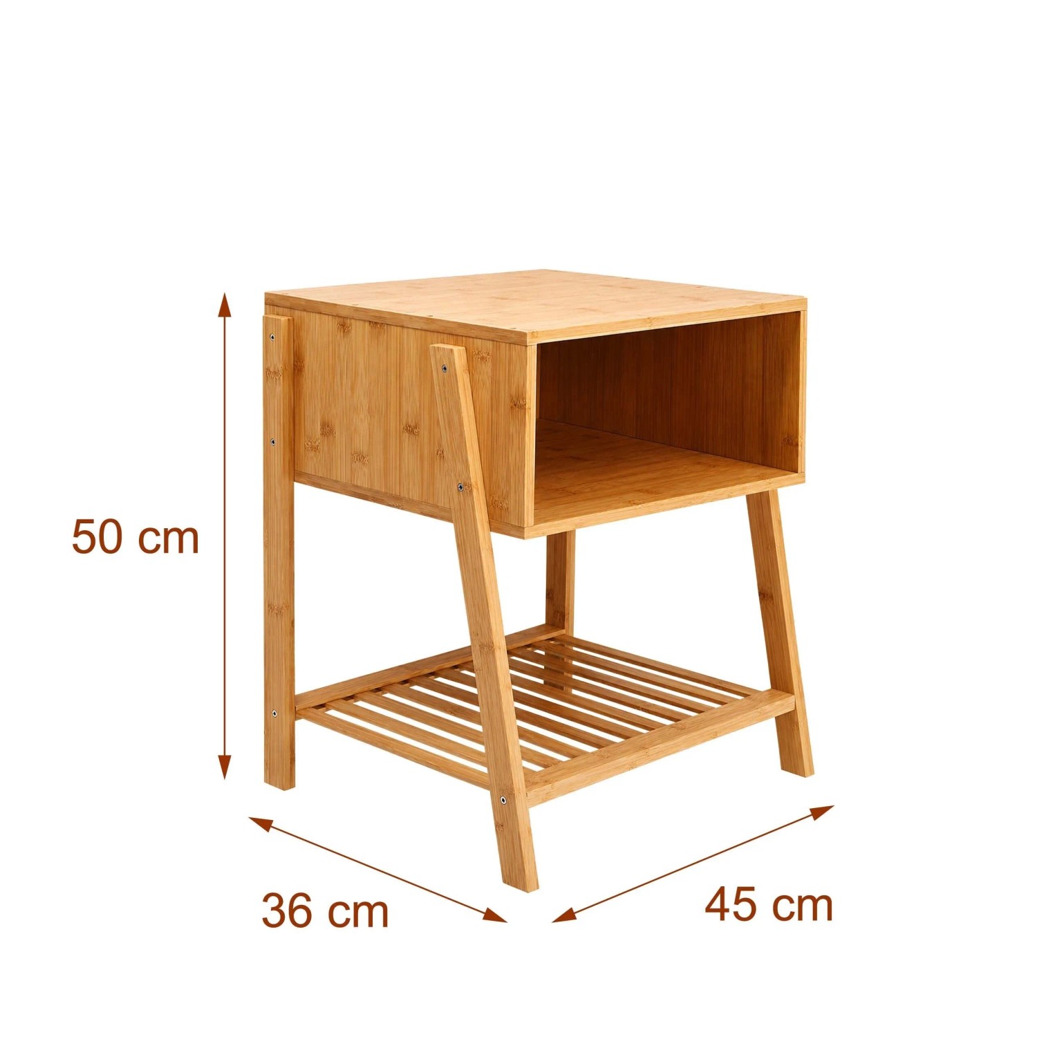 Bambus Nachttisch Natur mit offenem Fach und Gitterablage. Maße: 50x45x36 cm. Ideal für Schlafzimmer.