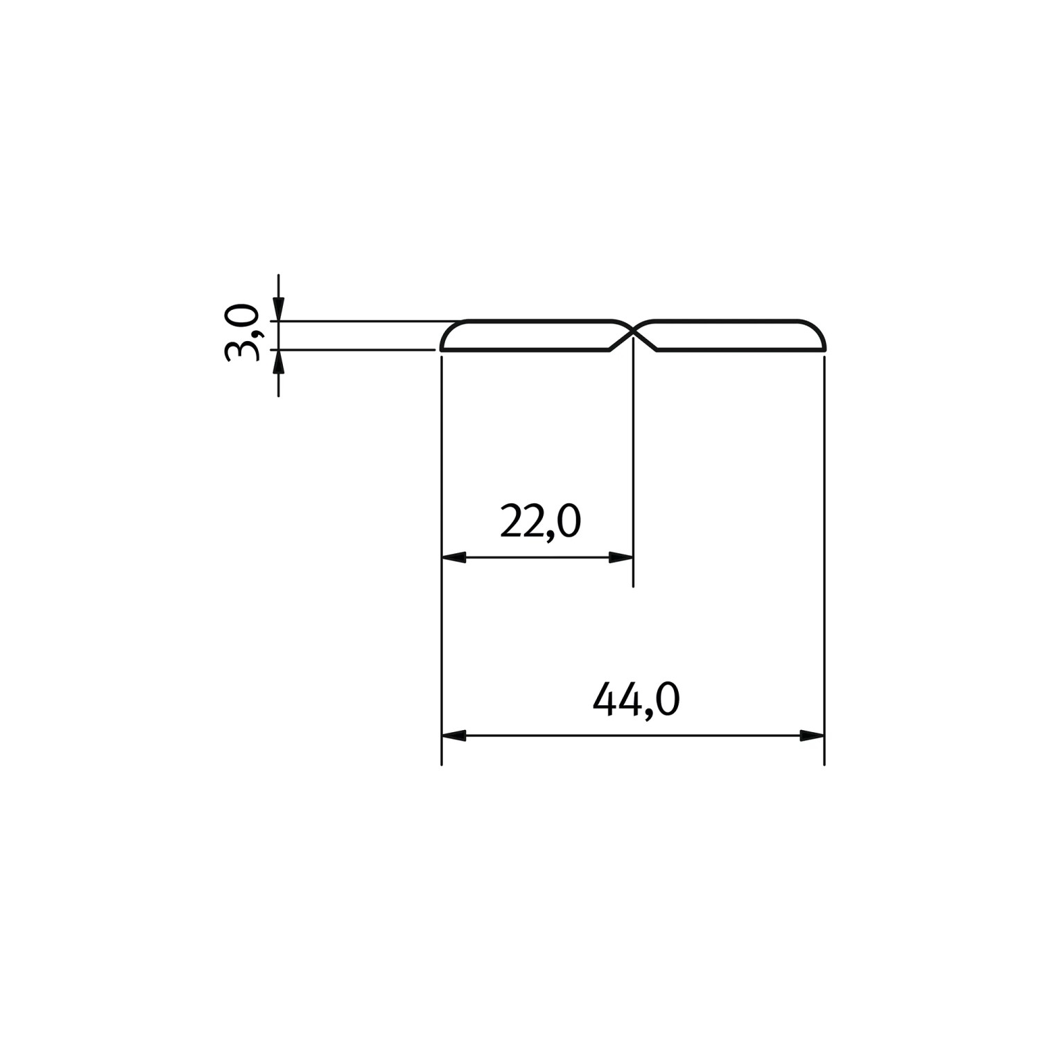 Technische Zeichnung: Egger Faltleiste Decowall FL001 Namur, Maße 44x22x3 mm.