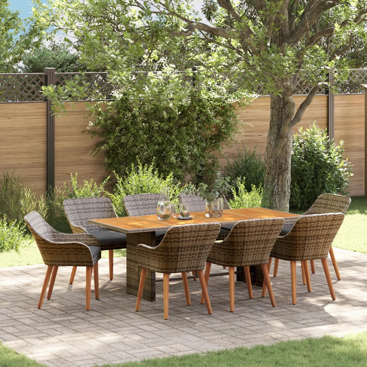 9-teilige Garten Essgruppe Grau Poly Rattan mit Akazienholz Tisch für 8 Personen.