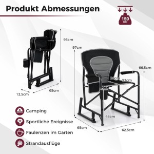 Costway Campingstuhl, faltbar, mit Wippfunktion, schwarz/grau, mit Getränkehalter und Maßangaben.