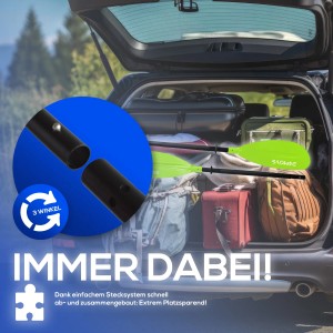 24MOVE Doppelpaddel, grün, zerlegt im Kofferraum. Ideal für Stand-Up Paddling & Kajak.
