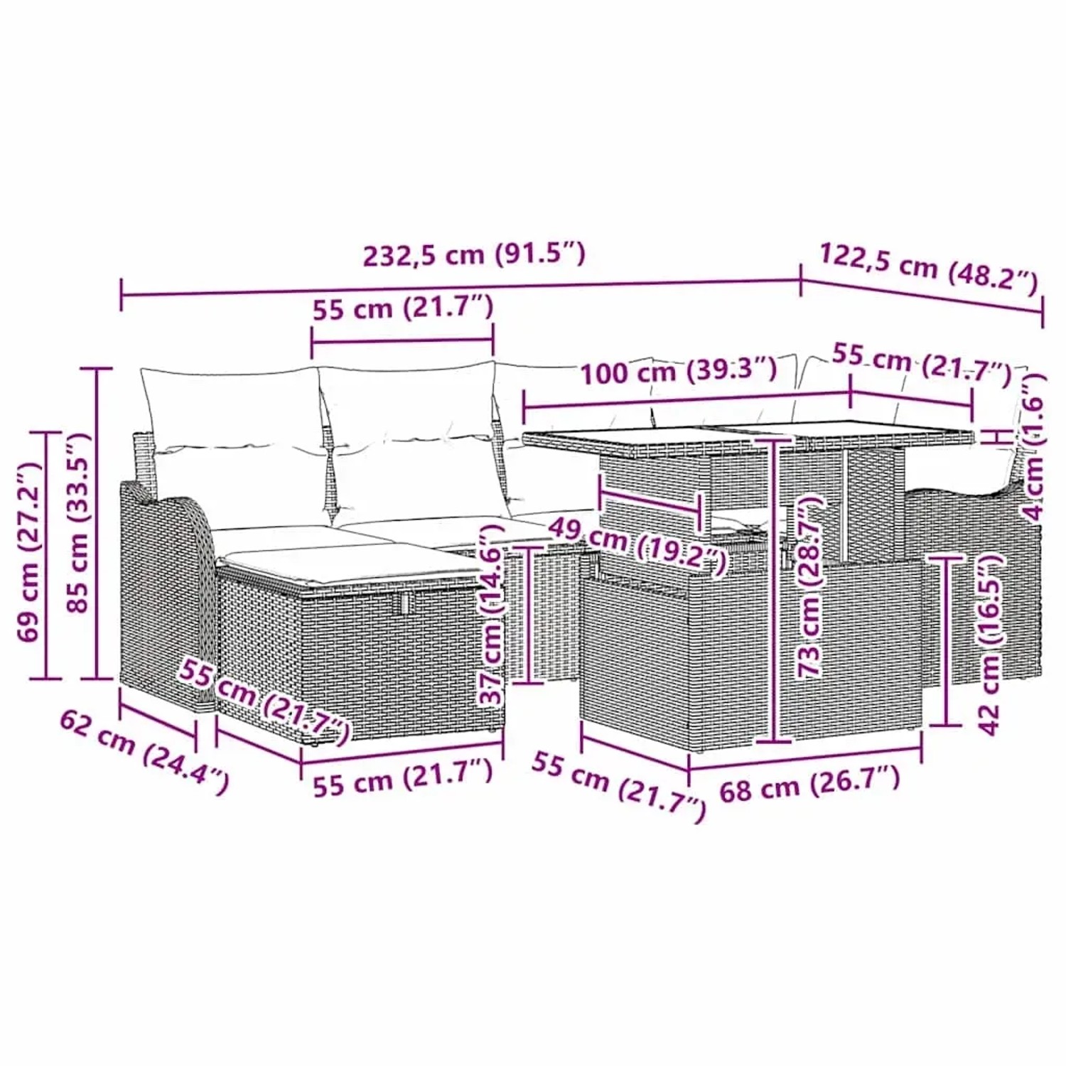 Schwarzes 7-teiliges vidaXL Garten-Sofa-Set aus Poly Rattan mit Kissen und Maßen.