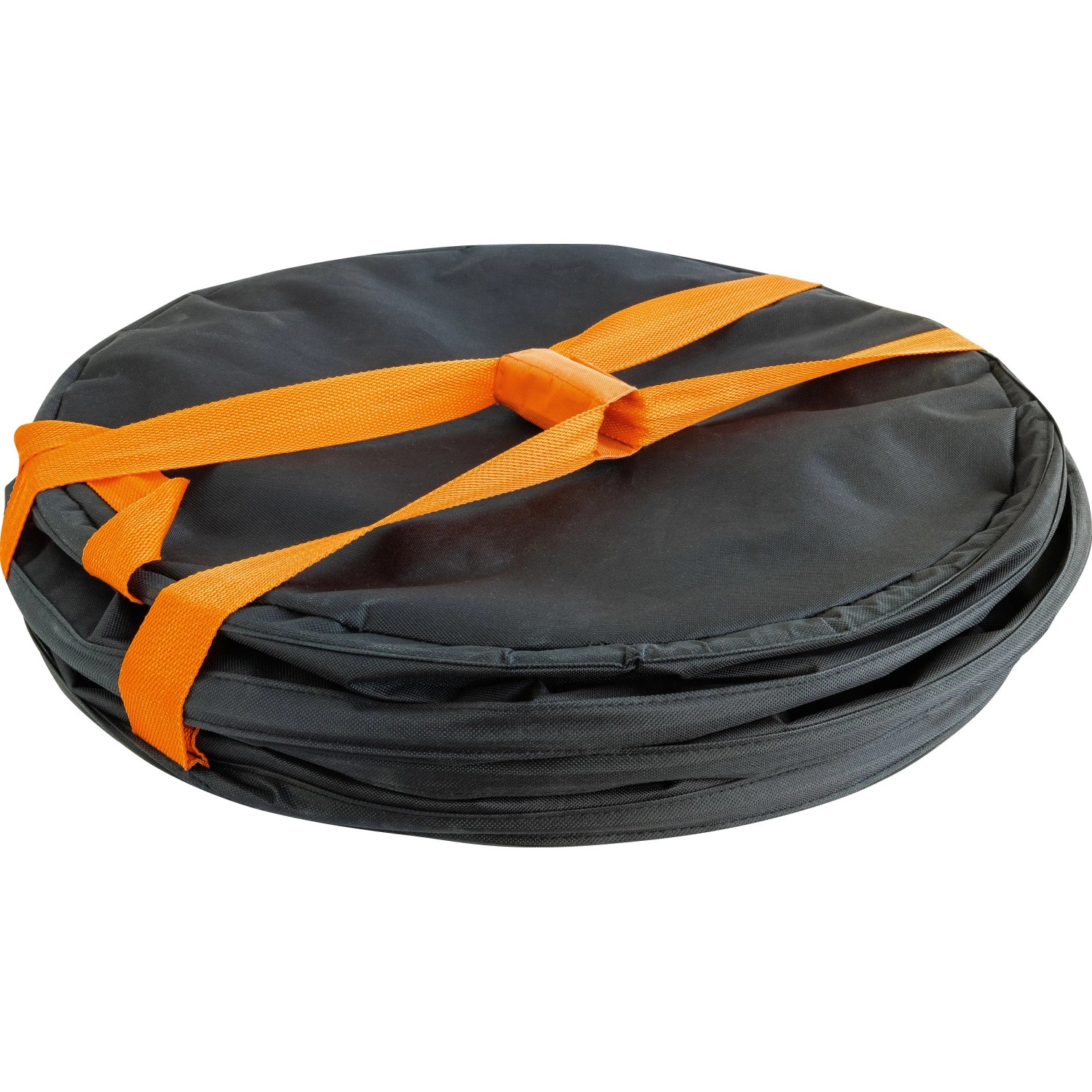 Zusammengefalteter OBI Gartensack Pop-Up, 170 l, mit orangefarbenem Gurt.