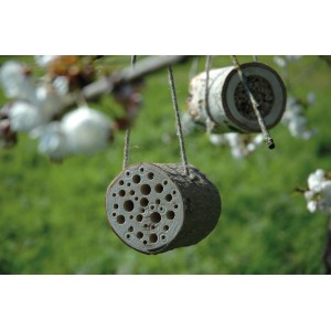 Naturbelassenes Insektenhotel für Wildbienen mit Kordel zum Aufhängen im Garten.