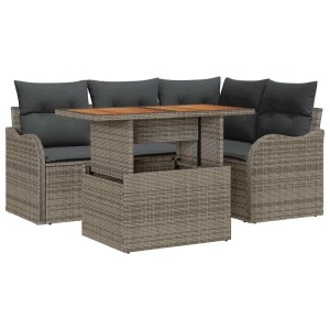 Graue 5-teilige vidaXL Garten-Sofagarnitur aus Rattan mit Tisch und grauen Kissen.