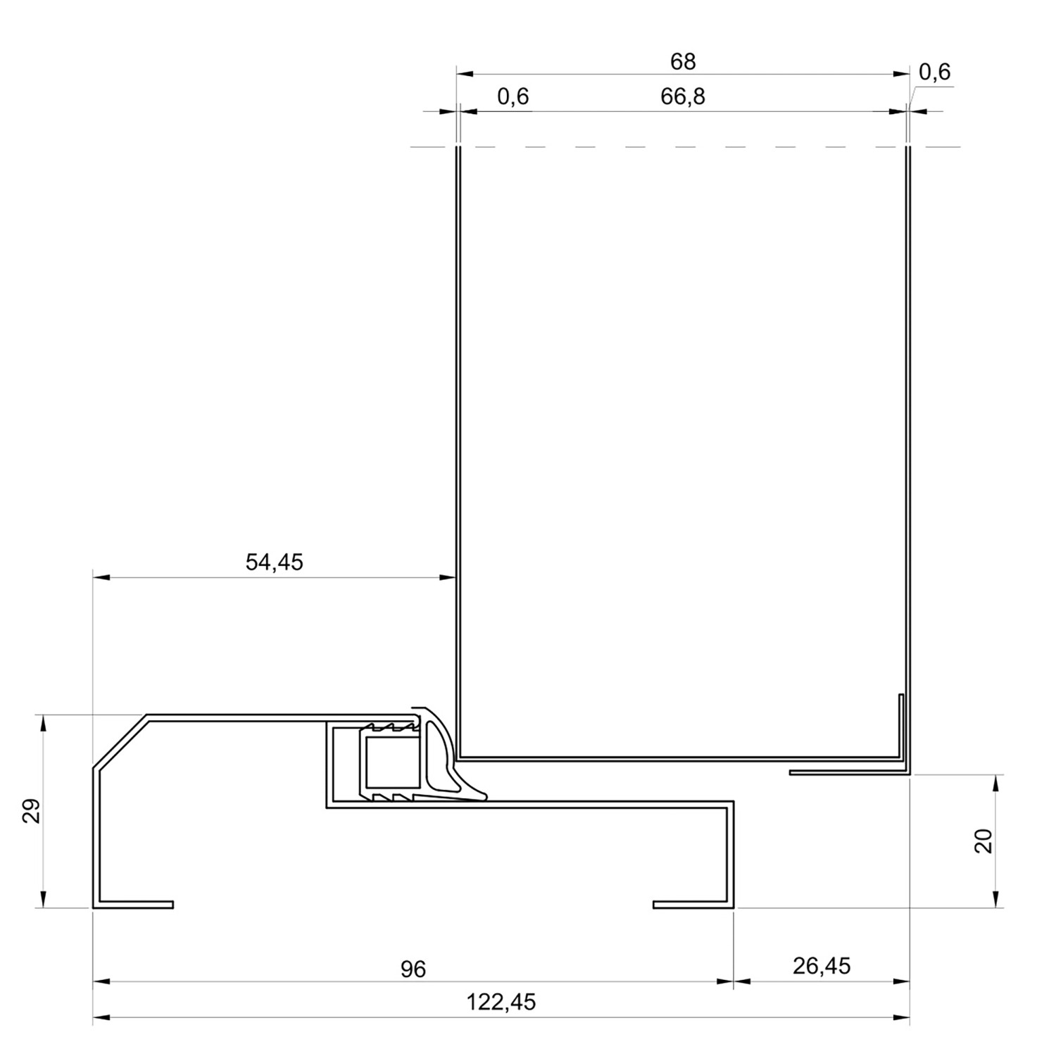 Detailzeichnung Pordo Stahl-Nebeneingangstür G1, Maße und Aufbau.