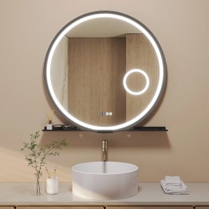 Aquabatos LED-Lichtspiegel Rund Badspiegel mit Beleuchtung 80cm Spiegel Wandspiegel mit Ablage Schwarzer Aluminiumrahmen 3-Fache Vergrößerung Dimmbar