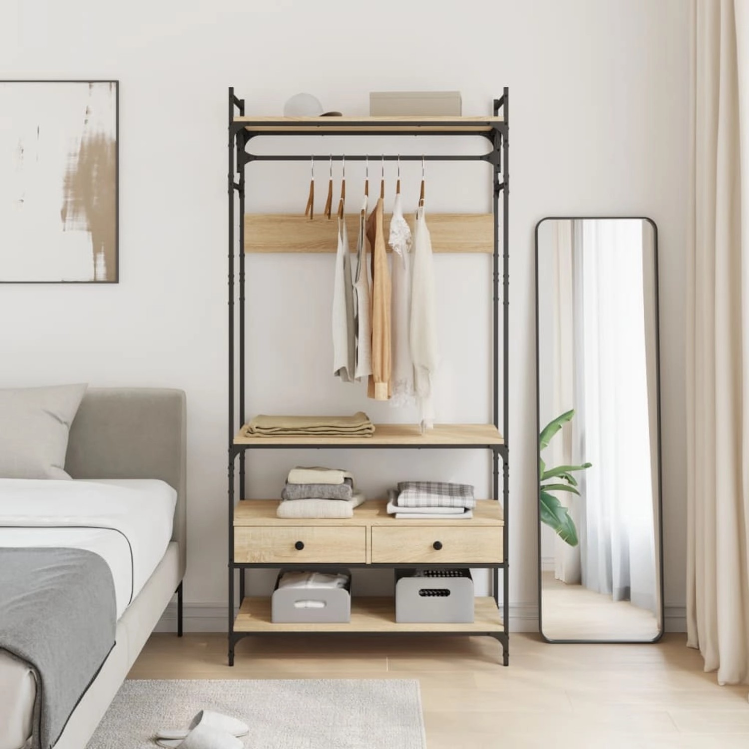 vidaXL Kleiderständer Sonoma-Eiche mit Schubladen, Ablagen und Kleiderstange.