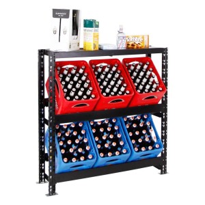 Schwarzes PROREGAL Getränkekistenregal Tegernsee XL mit roten und blauen Kisten. Regale & Regalböden.