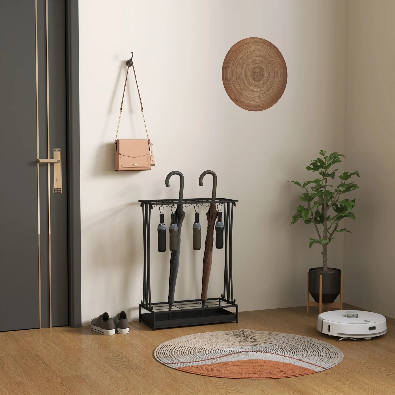 HOMCOM Schirmhalter aus Stahl, schwarz, mit 24 Haken für bis zu 45 Schirme. Praktische Abtropfschale.