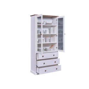 Weißer Vitrinenschrank Westerland mit 2 Glastüren, 3 Schubladen und Regalen. Ideal für Wohn- und Esszimmer.